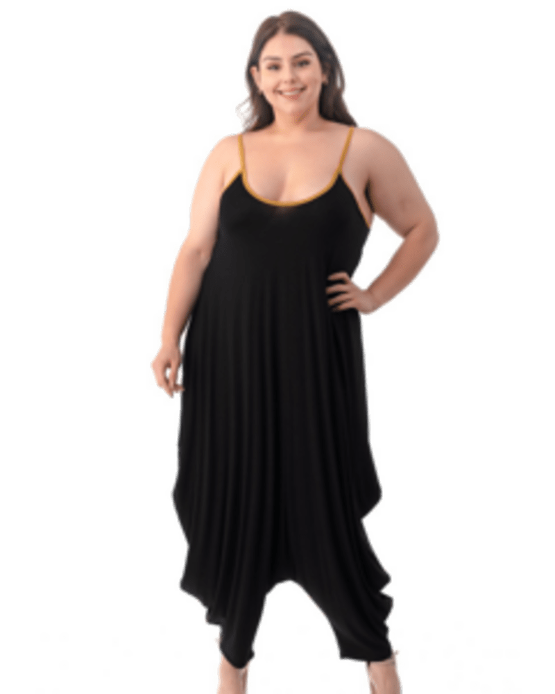 Front of a model wearing a size 1X Addison Harem Jumpsuit in Black by L I V D. | dia_product_style_image_id:241018
